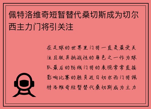 佩特洛维奇短暂替代桑切斯成为切尔西主力门将引关注
