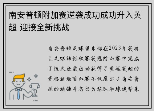 南安普顿附加赛逆袭成功成功升入英超 迎接全新挑战