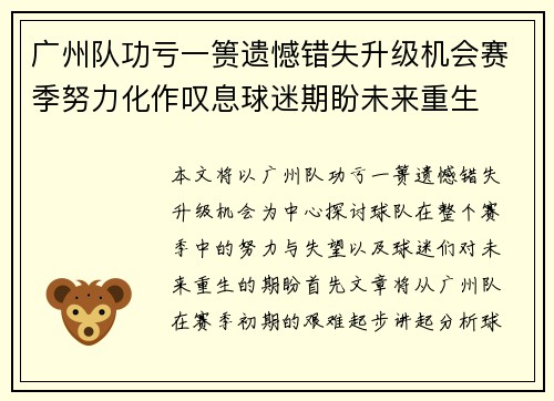 广州队功亏一篑遗憾错失升级机会赛季努力化作叹息球迷期盼未来重生